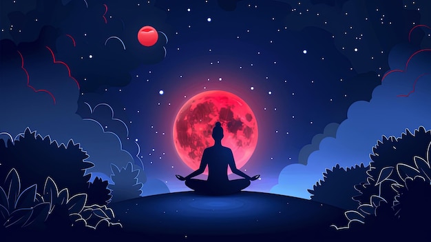 Guru meditating against the backdrop of the moon Festival of Guru Purnima