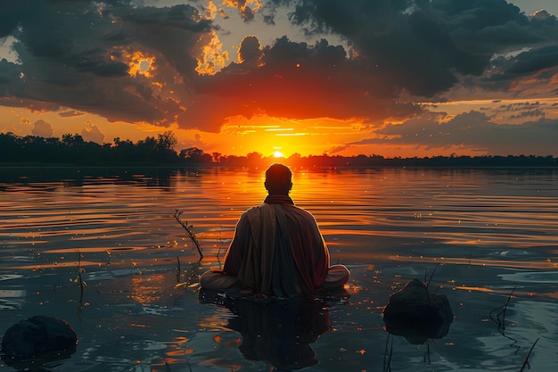 Guru sitting in water at sunset