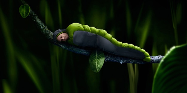 The guy arranged a camping on a tree branch in a green sleeping bag in nature, surrounded by green grass.
