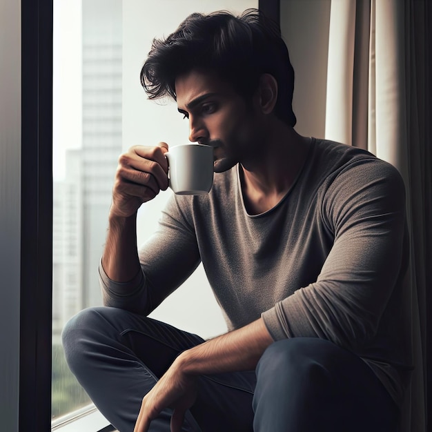 A guy drinks a cup of coffee by the window