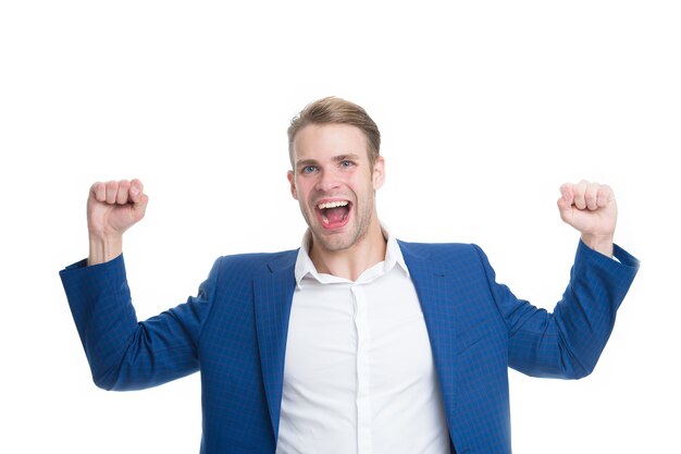 Guy formal clothes shouting and celebrating success. Businessman happy emotional face excited about success. Successful project concept. Entrepreneur satisfied with deal. Man cheers success.