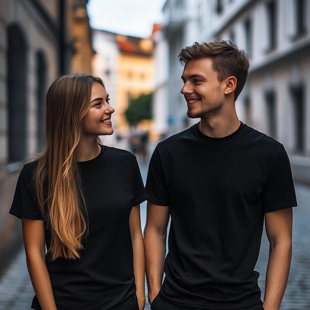 Photo guy and girl in black plain tshirts