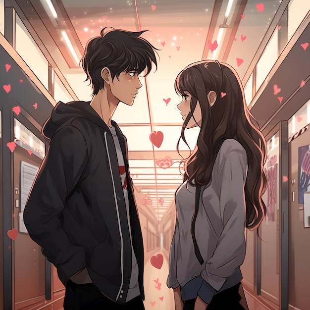 Guy and a girl looking at each other face to face in the middle of a school hallway sweet romance