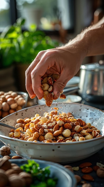 Photo a guy hand shown who is poring nuts into the bowl and the bowl is placed on the table and in the bac