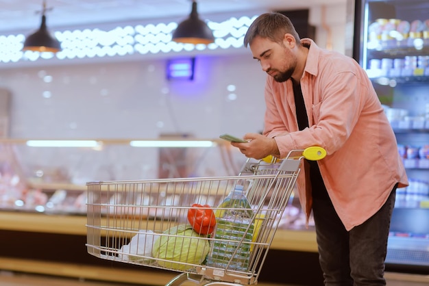 The guy makes purchases in the supermarket the concept of shopping