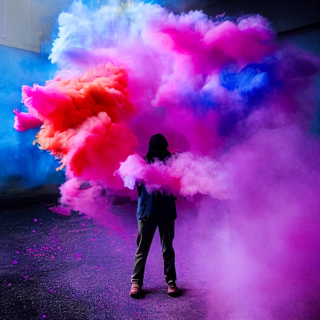 Guy in mask standing in between blue and purple smoke bombs