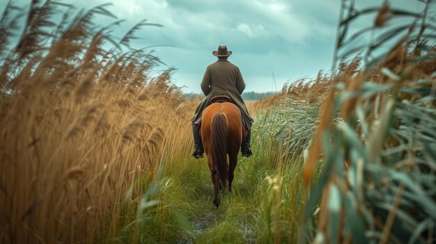 A guy in the middle of the long grass on horseback Generative Ai