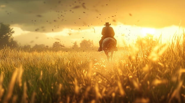 A guy in the middle of the long grass on horseback Generative Ai