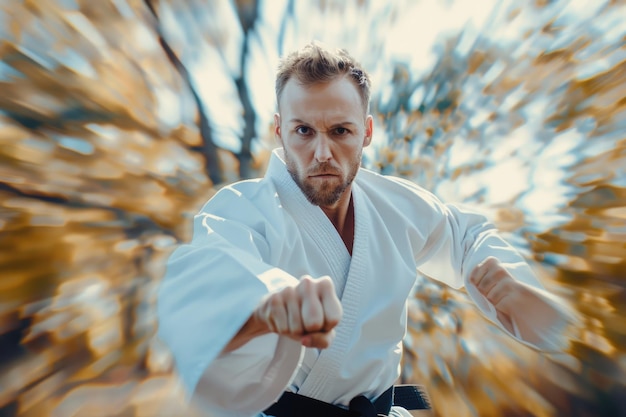 Photo guy poses in white kimono with black belt on motion background blurred effect sports banner