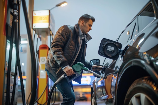 Guy pouring fuel in vehicle at the gas station One man pouring gasoline in his car at the gas stati