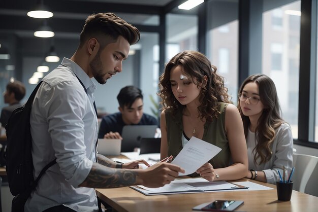 Guy shows document to a girl group of young freelancers in the office have conversation and working