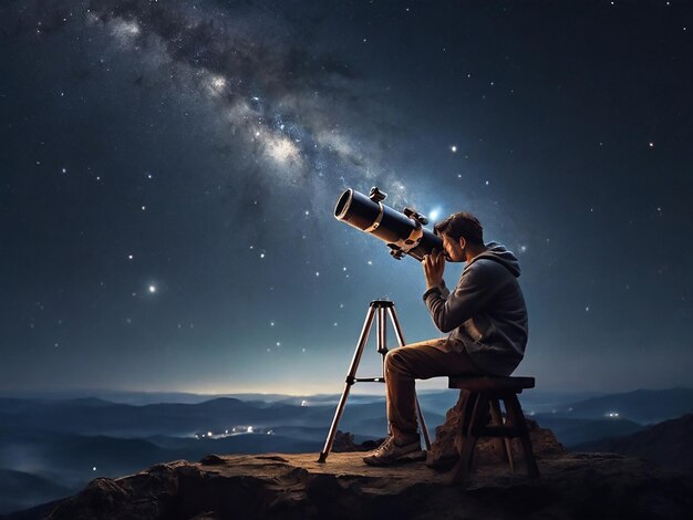 Photo a guy sitting outside and looking through a big telescope at the night sky full of stars