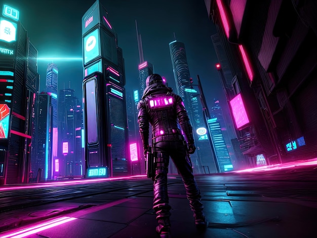 A guy standing in futuristic city cyberpunk style