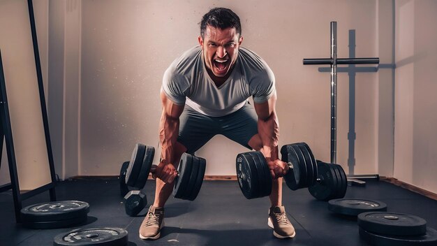 Guy training at home with dumbbells