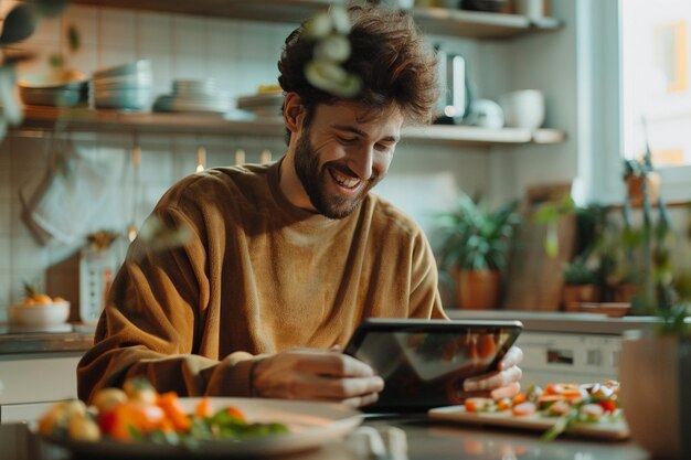 Photo a guy with an grin emotion watching a cooking sh