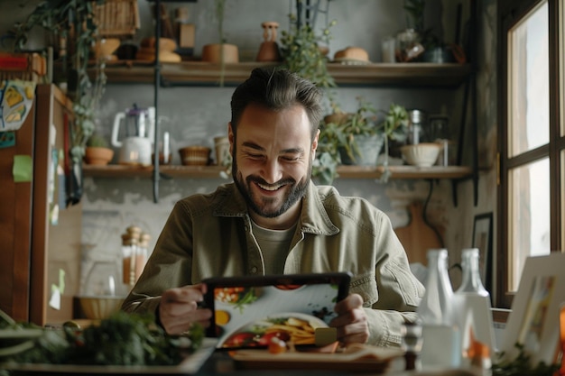 Photo a guy with an grin emotion watching a cooking sh