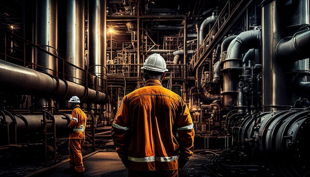 A guy worker inspects steel pipes and elbows in an oil facility while standing with his back