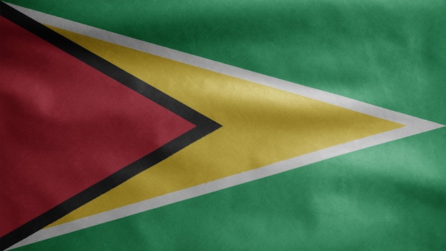 Photo guyanese flag waving in the wind. close up of guyana banner blowing, soft and smooth silk. cloth fabric texture ensign background.