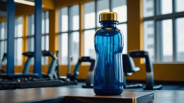 Gym bottle design with a luxurious GYM in the background Blue and yellow color combination