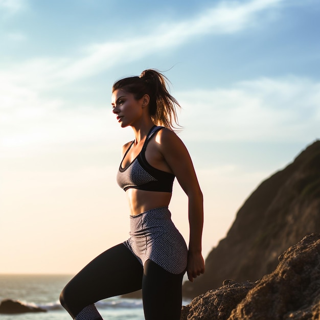 gym girl on sea rocks with different poses