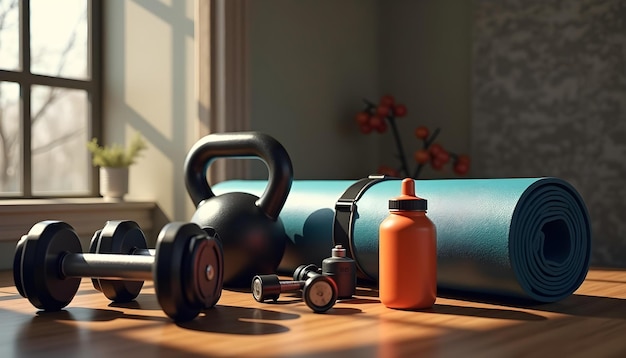 a gym gym with a black dumbbell and a bottle of spray