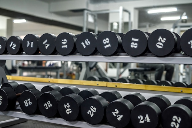 Gym interior with equipment of dumbbells in rows