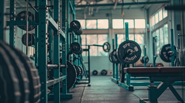 Photo gym interior with weight racks and benches