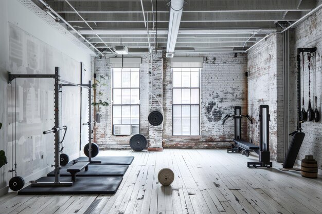 Photo a gym room with a lot of equipment and a dog