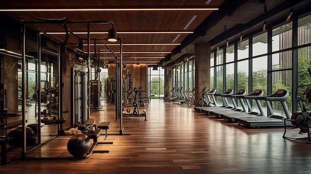 a gym with a bench and a bench with a view of the gym