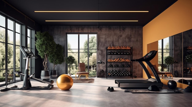 A gym with a black ceiling and a gold ball on the floor.