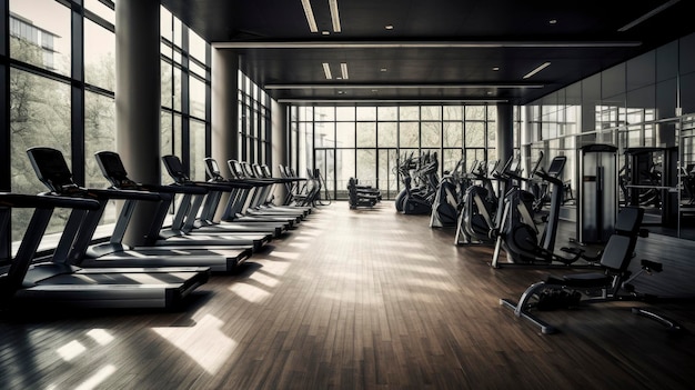 A gym with a black floor and rows of treadmills and a window that says gym on it.