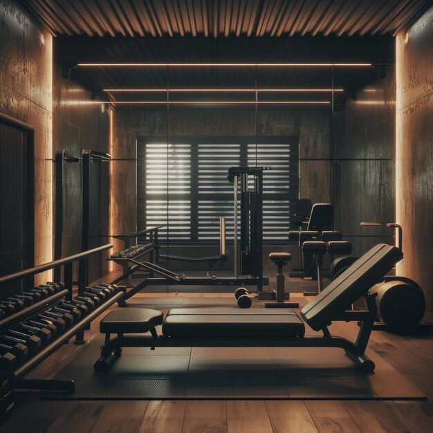 Photo a gym with a black and white color scheme and a dark wood floor