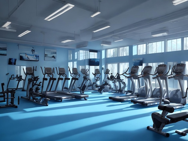 A gym with a blue floor and rows of exercise machines.