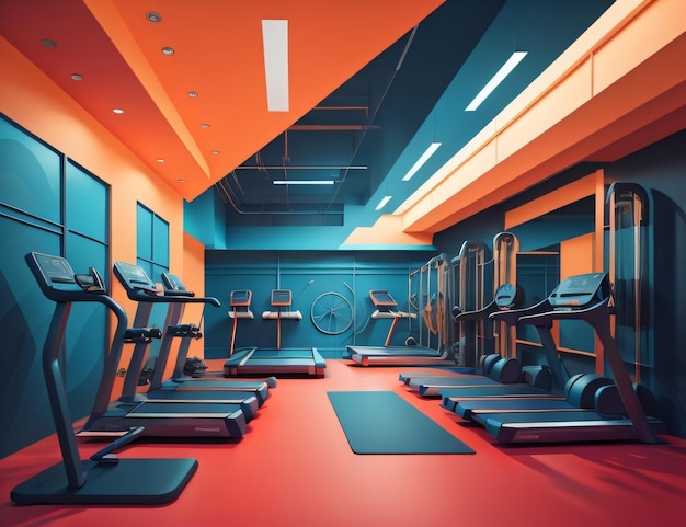 A gym with blue and orange walls and a sign that says fitness