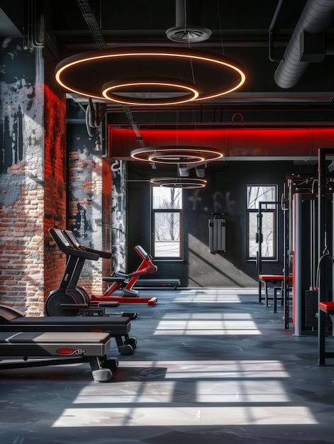 Photo a gym with a circular light and a red circle above it