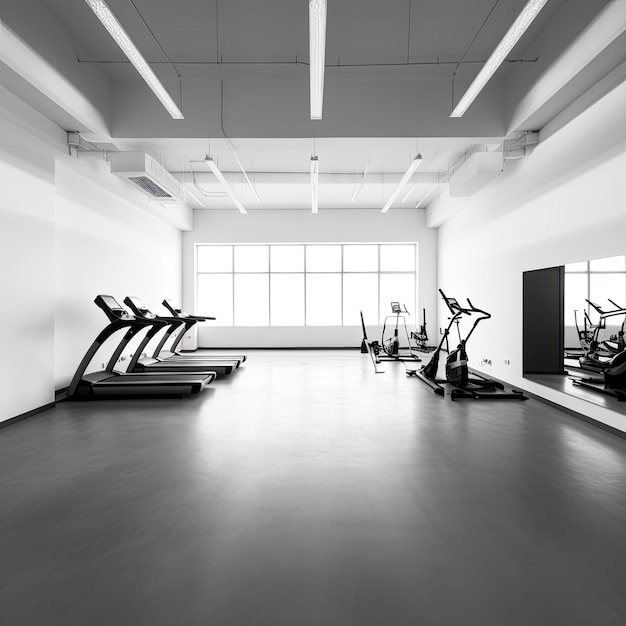 A gym with exercise equipment and a large window