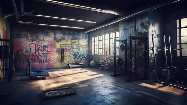 A gym with graffiti on the wall