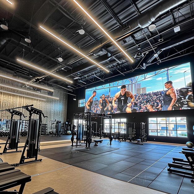 a gym with a large screen that says  olympic  on it