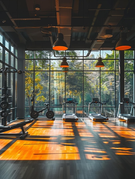 Photo a gym with a large window that has the reflection of the trees on the glass wall