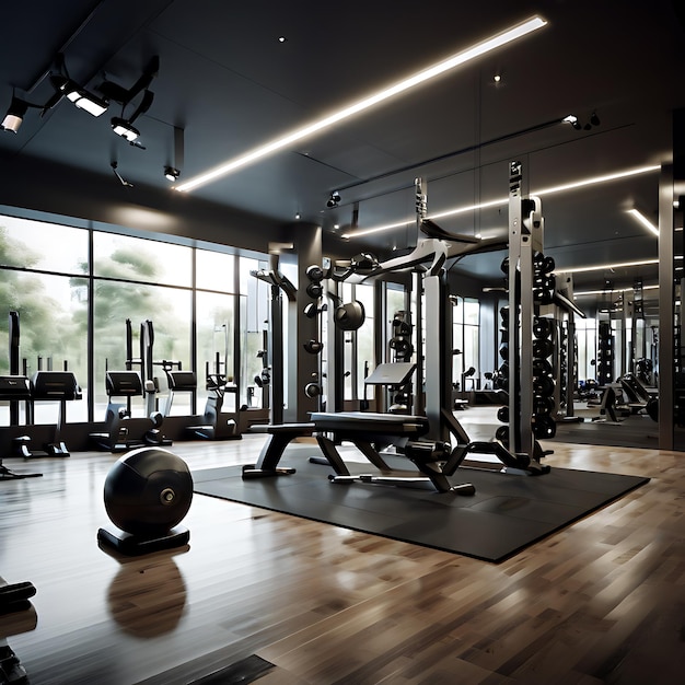 a gym with a large window that has the words gym on it