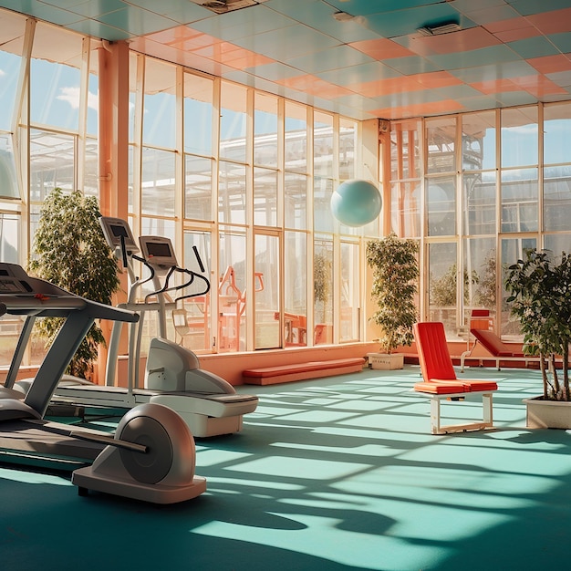 a gym with a large window with a view of the outside