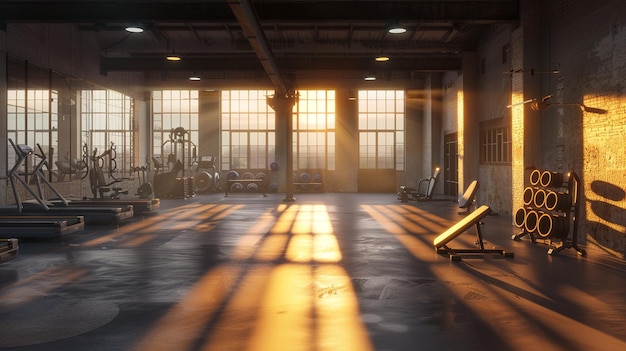 a gym with a light on the ceiling and a sign that says gym