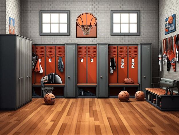 A gym with lockers that says " basketball " on the wall.