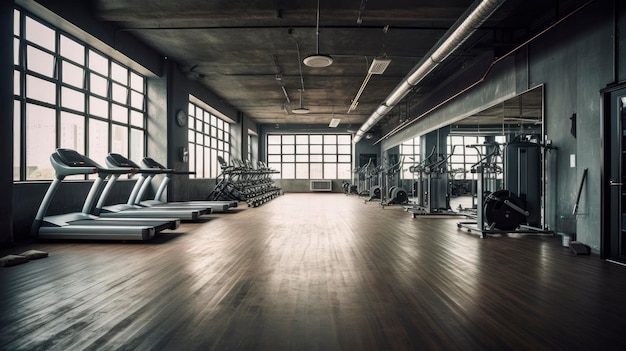 A gym with a lot of weights and a window that says gym on it