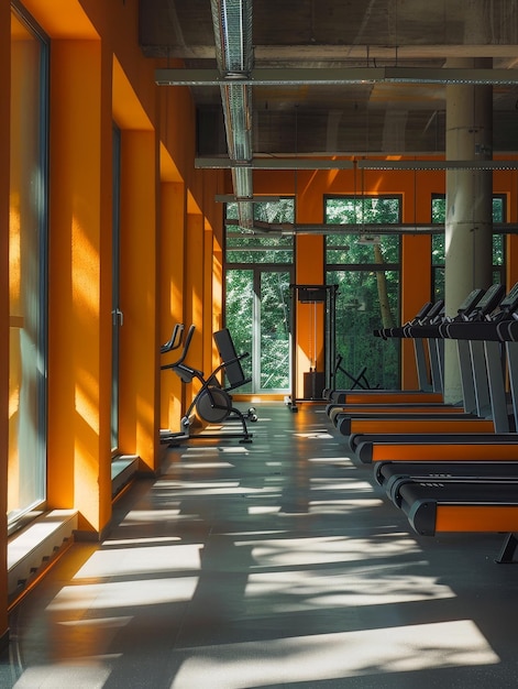 Photo a gym with orange seats and a sign that says  gym