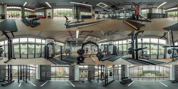 Photo gym with a picture of a gym with a large mirror on the wall