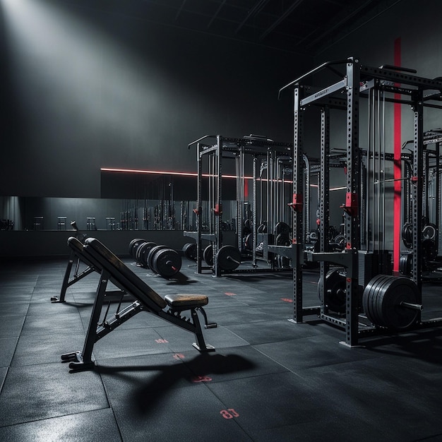 a gym with a red light and the words quot gym quot on the floor