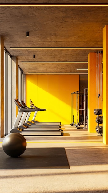 Photo a gym with treadmills and exercise equipment in a yellow room