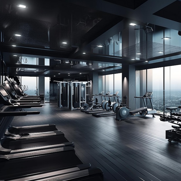 A gym with a view of a city and a gym with treadmills and a window.