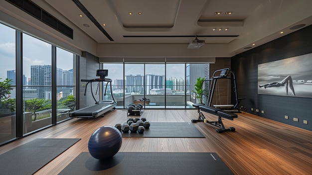 a gym with a view of a cityscape and a view of the city